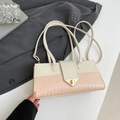 Chic beige and pink faux crocodile skin shoulder bag with elegant gold V-shaped buckle - White