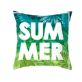 Square tropical summer cushion cover featuring green palm leaves and white text print - Summer Theme Text (TPR283-16)