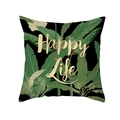 Nordic square pillow cover with green tropical leaves and golden Happy Life text - Happy Life Black Background (TPR283-31)