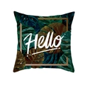 Green tropical leaf throw pillow cover with golden lines and Hello print in peach skin - Hello Blue Tropical (TPR283-32)