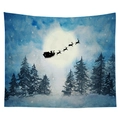 Christmas tapestry featuring watercolor Santa Claus and reindeer sleigh over winter forest - 130x150 / Santa Flying over Forest (CGT048-11)