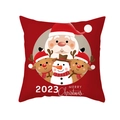 Housse de coussin de Noël avec père Noël, élan et bonhomme de neige sur tissu rouge - Fenêtre Ronde Père Noël et Cerf (TPR334-4)