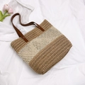 Bolso capazo de paja con tejido de malla bicolor y asas de cuero marrón oscuro - Caqui (Sin Colgante)