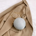 Silver glitter round evening bag with gold circular handle and crossbody chain strap - Silver