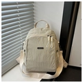 Détail du sac à dos en nylon beige imperméable avec poches multiples et logo métal - Blanc