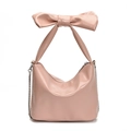 Pink patent leather tote bag featuring a large bow handle and silver chain strap - Pink