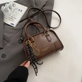 Vintage brown leather Boston bag with tennis racket charm and decorative silk scarf - With Pendant / Brown