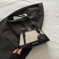 Bolso Boston vintage de lino beige y cuero negro con correa ajustable - Negro