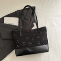 Black corduroy tote bag with red cherry embroidery and leather base, student shoulder bag - Black