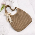 Summer woven straw tote bag in dark beige with delicate white lace bow detail - With Pendant / Khaki