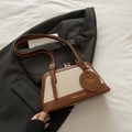 Bolso bowling vintage de lino y cuero marrón con asas dobles y detalles dorados - Marrón