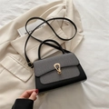 Black litchi pattern small square bag with grey fabric flap and golden U-lock buckle - Black