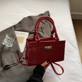 Vintage red crocodile pattern handbag with silver clasp and adjustable shoulder strap - Burgundy