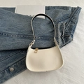 Cream white baguette shoulder bag with lychee texture and gold metal zipper hardware - White