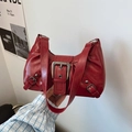 Retro red faux leather underarm bag with large silver square buckle and wide shoulder strap - Red