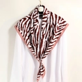 Brown zebra leopard print square silk scarf with purple border on a white shirt - Red