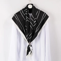 Elegant 90x90cm black and white striped 100% silk square scarf with camellia decor - Black