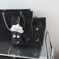 Large black pleated tote bag with silver butterfly charm and white plush cloud pendant - With Cloud Pendant / Black