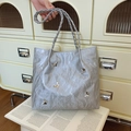 Silver metallic pleated tote bag with butterfly charms and woven handles for women - Silver