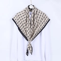 Elegant 90cm square silk scarf featuring butterfly print and black border on beige fabric - Beige