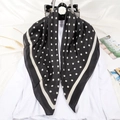 Elegant 90x90cm black silk scarf with white polka dots and striped border wrap - Black Polka Dot Style