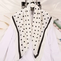 Elegant black and white polka dot square silk scarf with rose brooch and satin finish - White Polka Dot Style