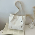 Borsa tote in tela bianco avorio con farfalle d'argento e manici in corda intrecciata - Senza Ciondolo / Bianco Sporco
