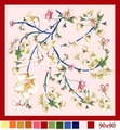 Pink satin square scarf with floral branches and red border, sized 90x90cm - Red