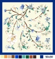 Elegant floral print satin silk scarf in beige with navy blue border, 90x90cm size - Blue