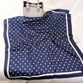 Navy blue square silk scarf with white polka dots and elegant striped border - Navy Blue Polka Dot Style