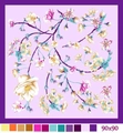 Elegant 90x90cm satin square scarf with light purple floral prints and dark purple border - Purple
