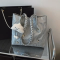Silver metallic tote bag with pleated texture, braided handles and butterfly charms - With Cloud Pendant / Silver