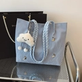 Light blue pleated tote bag with woven handles, butterfly decor and cloud charm - With Cloud Pendant / Blue