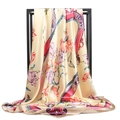 Elegant floral satin scarf draped on a black frame showing silk texture and drape - Light Khaki
