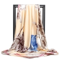 Elegant 90x90cm satin silk scarf featuring lotus patterns and a wine red border - Beige / 90x90cm