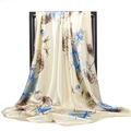Elegant floral silk scarf with blue blossoms and dragonfly on a stylish beige background - Beige Blue Floral Dragonfly (#26)