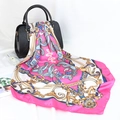Detail of pink satin square scarf with equestrian print draped on a handbag - Rose Red / 90*90cm (Middle Eastern Style)