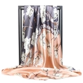 Elegant 90x90cm silk square scarf featuring white magnolia flower print on gray gradient - Gray Pink Magnolia (#4)