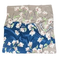 Elegant 90cm silk-like square scarf featuring white magnolia prints and two-tone color blocking - 90cmx90cm / Blue Grey