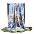 Elegant misty blue 90cm satin square scarf with butterfly print and olive green border - Dusty Blue Large Butterfly (#20)