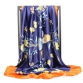 90cm navy blue satin square scarf featuring vibrant yellow flowers and blue butterflies - Navy Orange Bird Floral (#18)