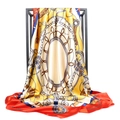 Detail of luxury satin silk scarf featuring equestrian chain prints and red border - Red