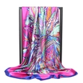 Satin square headscarf featuring vibrant pink feather patterns and navy blue edges - 90*90cm / Rose Red