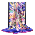 Detail of silk satin scarf with colorful feather patterns and royal blue background - 90*90cm / Blue