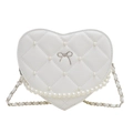 White heart-shaped quilted handbag with pearl accents and metal bow detail - White