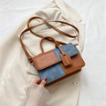 Bolso retro de cuero marrón y mezclilla azul con correa de hombro ajustable chic - Marrón