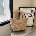 Secchiello in paglia beige con strisce a pois neri e manici superiori circolari - Senza Ciondolo / Cachi