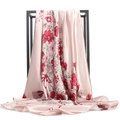 Elegant 90cm pink floral silk square scarf with fringe displayed on a minimalist black stand - Light Pink Red Floral (#13)