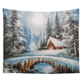 Winter forest tapestry featuring snow-covered trees, stone bridge and cozy warm cabin - 130x150 / Snow Cottage Bridge Scene (CGT048-18)