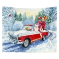 Christmas tapestry with watercolor Santa in vintage car and festive forest animals - 圣诞老人红车(CGT049-11) / Sanded Style (95x73)